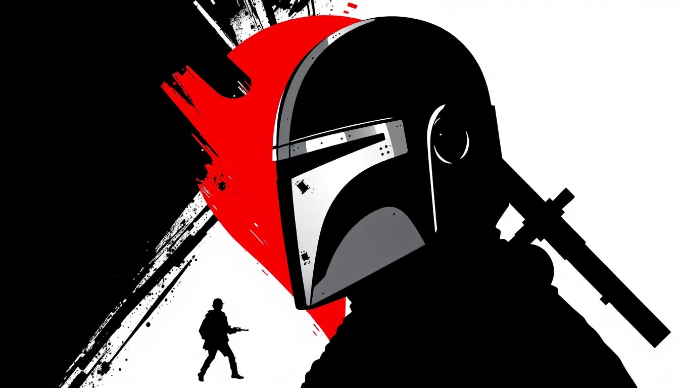 A minimalist, abstract illustration featuring bold black silhouettes and high-contrast red and white geometric shapes, conceptually representing the iconic Mandalorian helmet and other elements from the Star Wars universe.