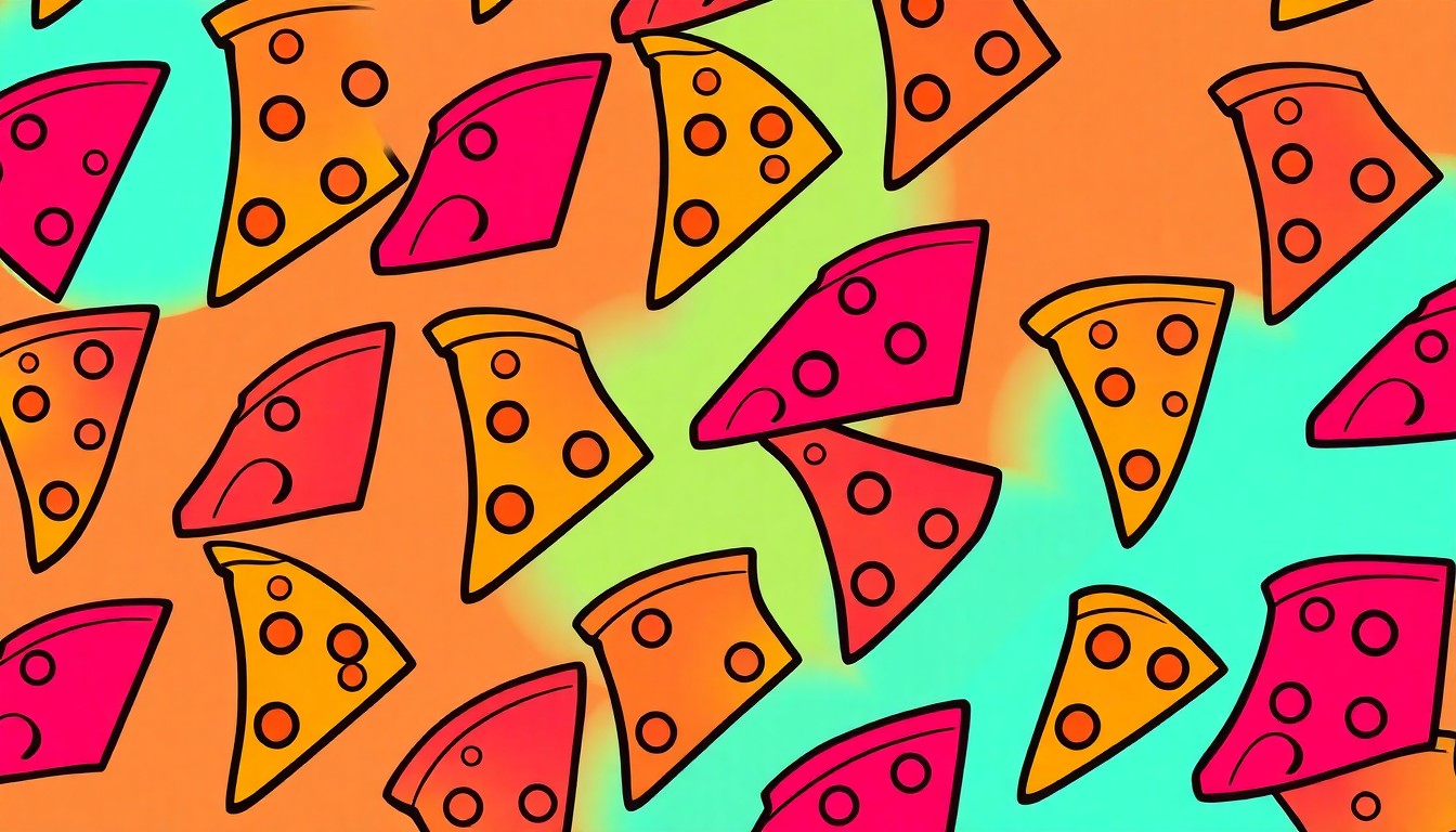 A bold, colorful silkscreen illustration featuring a single Detroit-style pizza slice repeated in a grid pattern, capturing the vibrant energy of this Midwest classic being embraced by Salt Lake City's diverse food scene.