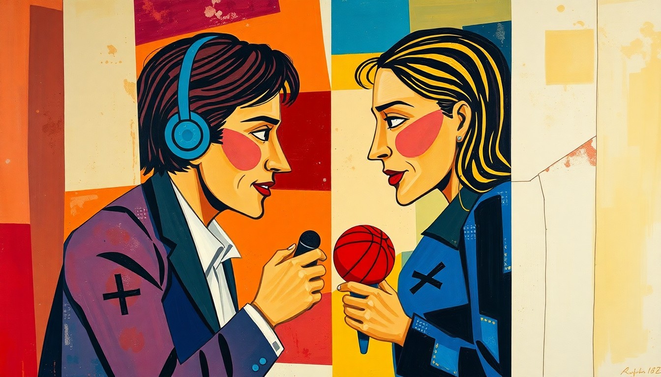 A cubist, geometric painting depicting the confrontation between two sports journalists, with sharp, overlapping planes of color and form representing the fractured nature of their dispute.