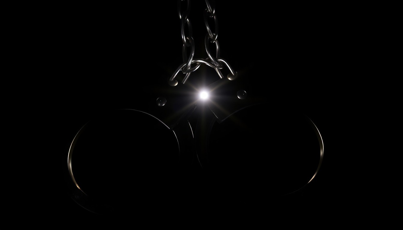 An extreme close-up of a pair of handcuffs against a stark black background, conceptually illustrating the serious nature of the criminal charges.