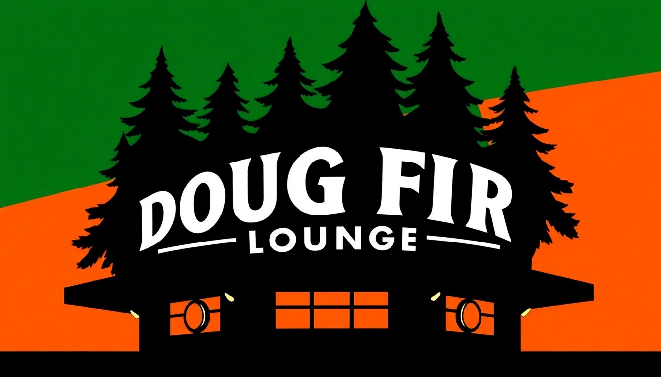 A striking, minimalist illustration featuring bold, geometric black silhouettes representing the Doug Fir Lounge logo and architectural elements, set against a high-contrast background of deep green and bright orange, capturing the venue's iconic identity and its move to a new home.