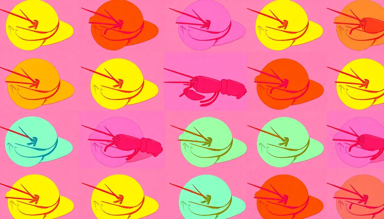 A highly stylized, pop art-inspired illustration featuring a single, iconic crawfish ice cream scoop repeated in a tight grid pattern, with vibrant neon colors and heavy black outlines, conceptually representing the unusual and creative nature of this unique dessert.
