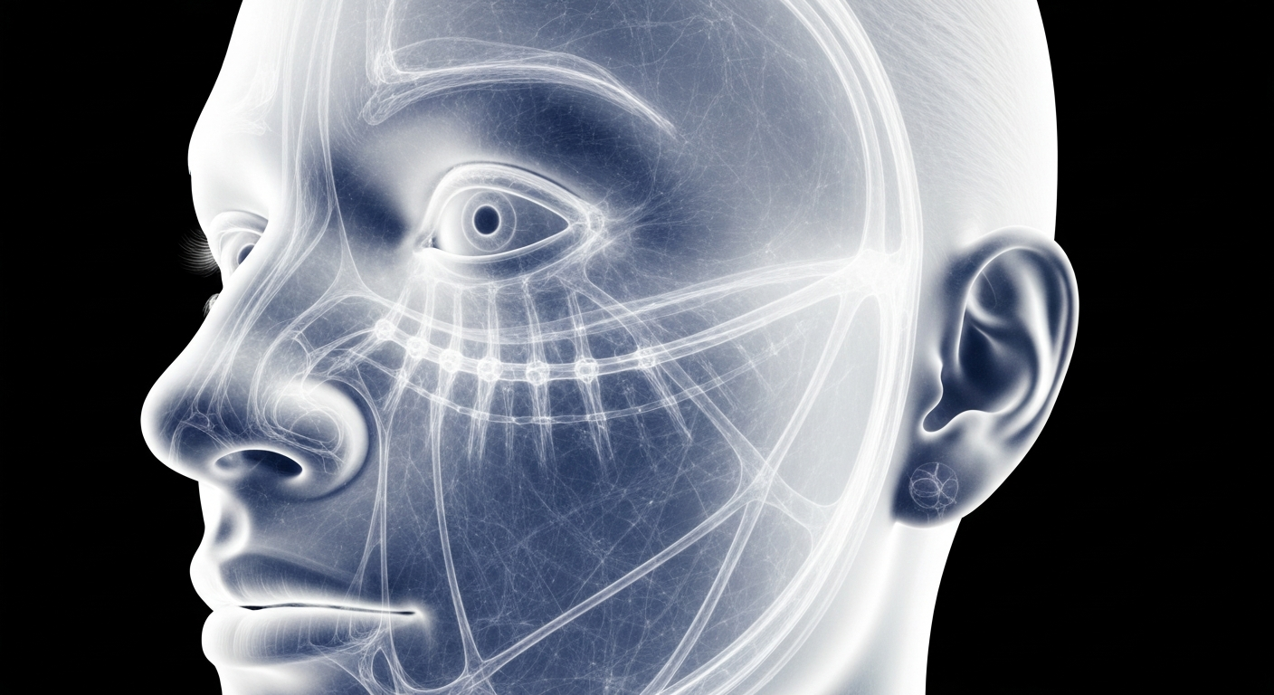 A ghostly, translucent X-ray photograph of a human face, revealing the intricate network of hyaluronic acid beneath the skin's surface, conceptually illustrating the rejuvenating potential of the Exion Face treatment.