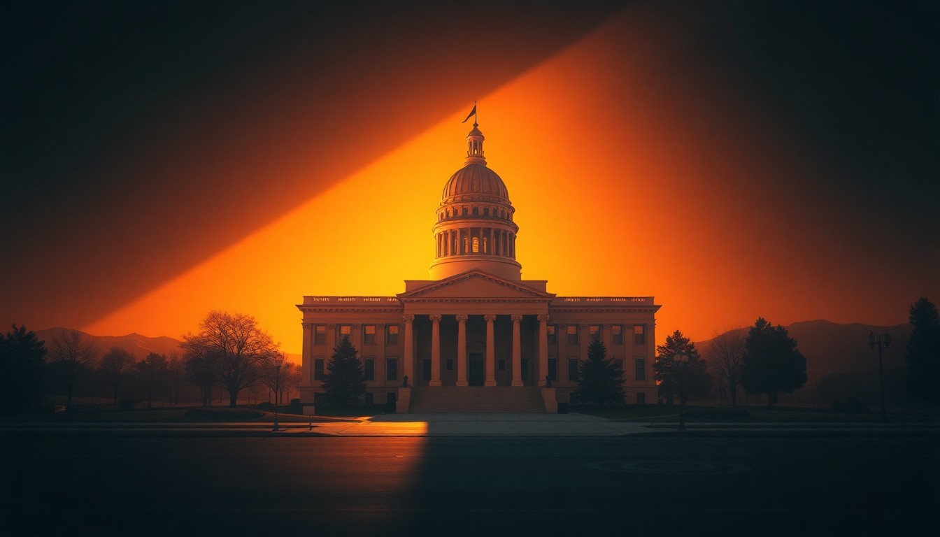 A serene, cinematic painting of a Utah state capitol building in warm sunlight and deep shadows, conveying a sense of political tension and uncertainty.
