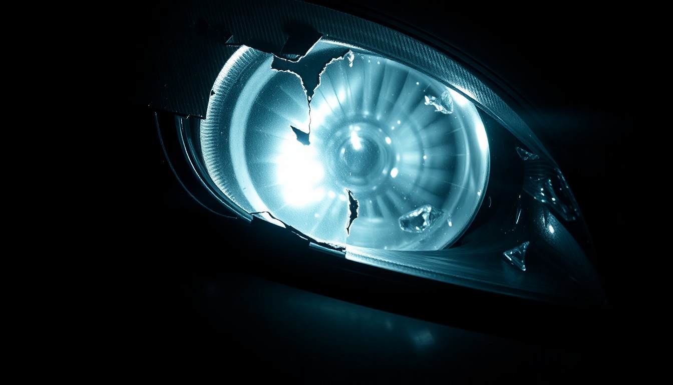 An extreme close-up photograph of a damaged car part, such as a broken side mirror or cracked headlight lens, lit by a harsh, direct camera flash against a pitch-black background, conceptually illustrating the aftermath of a police pursuit.