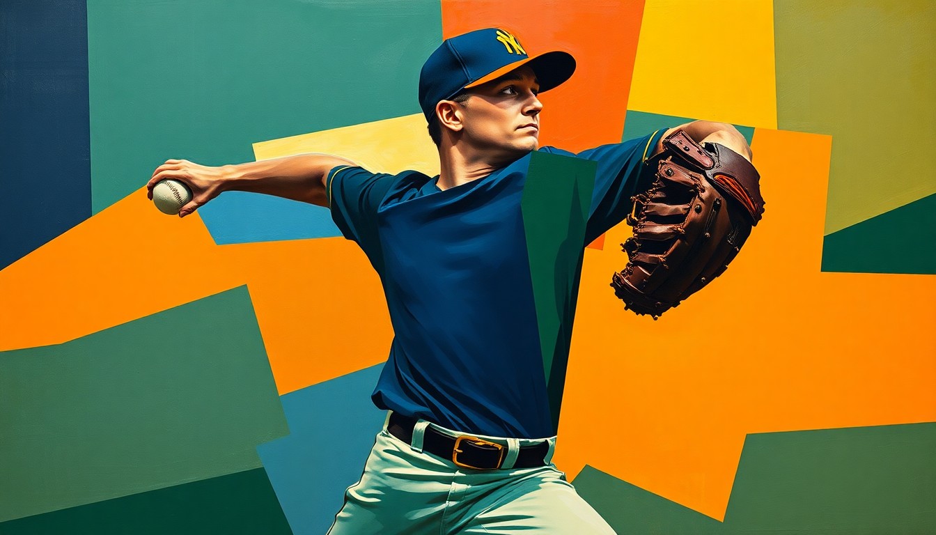A cubist-style painting featuring sharp, overlapping geometric shapes in navy, green, and orange hues, conceptually representing the fragmented motion of a baseball pitcher's throwing motion.