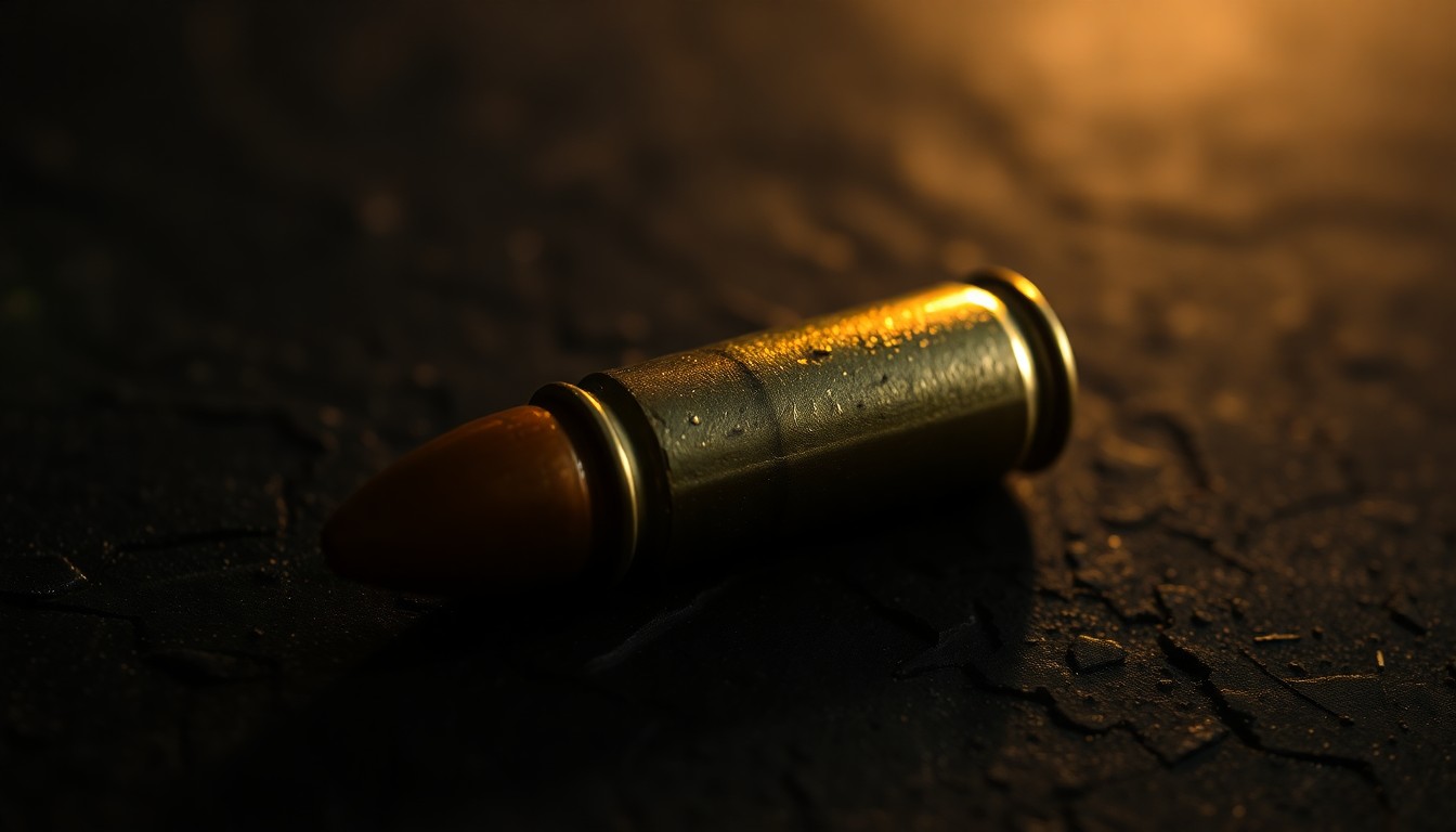 An extreme close-up of a spent bullet casing on a dark, textured surface, lit by a harsh, direct camera flash, conceptually illustrating the gritty aftermath of the Heritage Homes shootout.