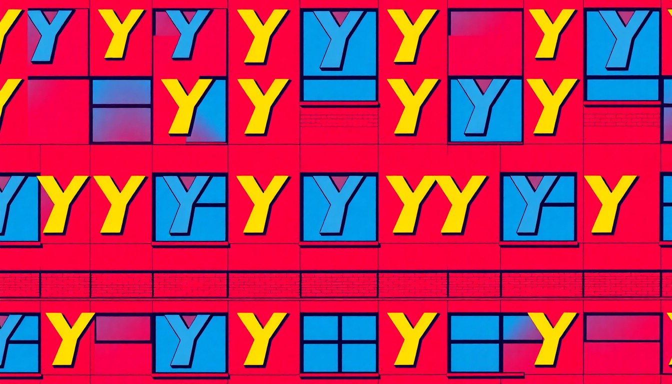 A bold, colorful silkscreen-style illustration featuring a stylized YMCA building or logo repeated in a grid, capturing the energy and community spirit of the new Hunton YMCA facility.