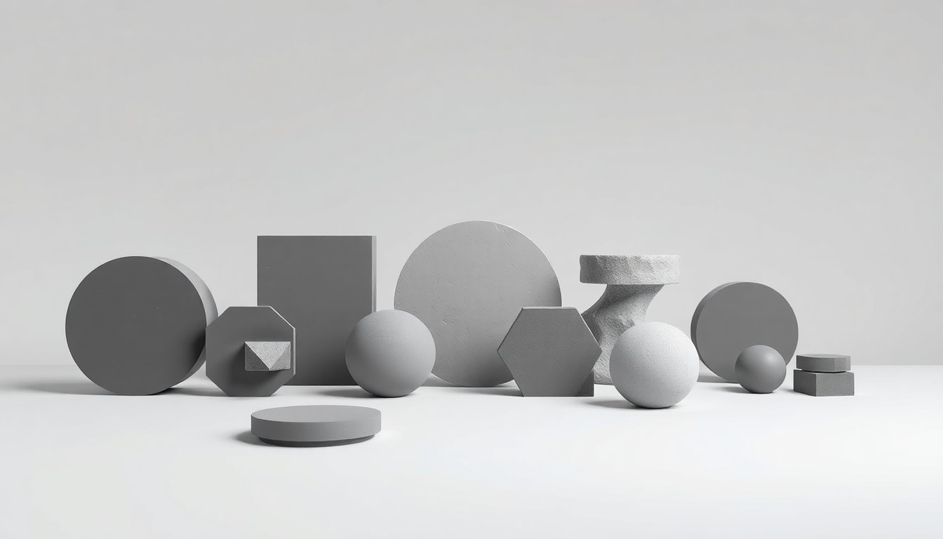 A minimalist studio photograph featuring a collection of abstract geometric shapes and forms in muted tones of gray, representing the distinct design disciplines and the need for employers to understand their unique specializations.