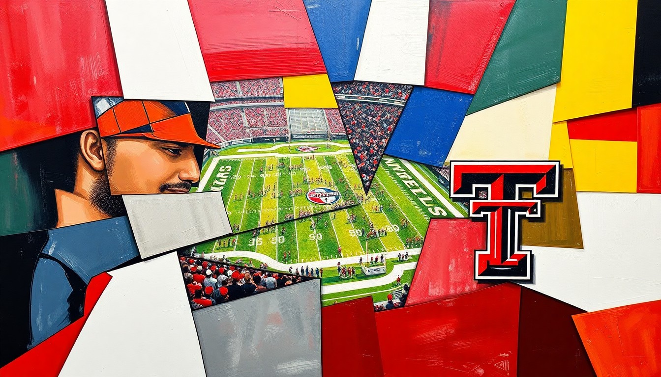 A cubist, geometric painting depicting a fragmented college football game, with the sharp planes and overlapping shapes representing the strategic challenges of scheduling in the modern era of conference expansion.