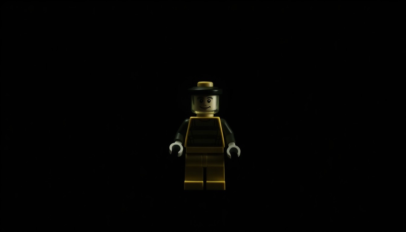 An extreme close-up photograph of a single Lego piece, such as a minifigure or a rare collectible piece, lit by a harsh, direct camera flash against a pitch-black background, creating a stark, gritty, investigative aesthetic.
