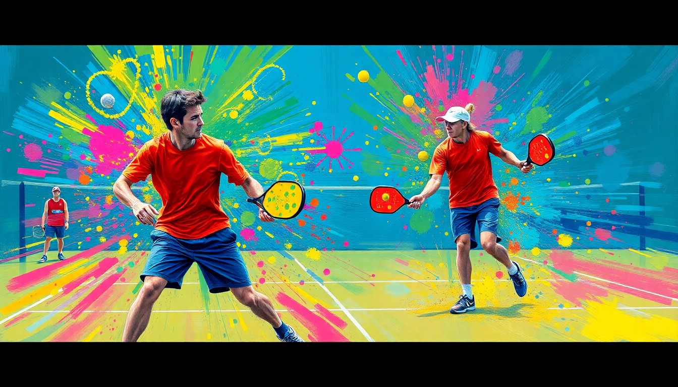 An abstract, expressionist painting in neon colors depicting the dynamic motion and energy of a pickleball match, with the players' identities obscured in a blur of vibrant brushstrokes.