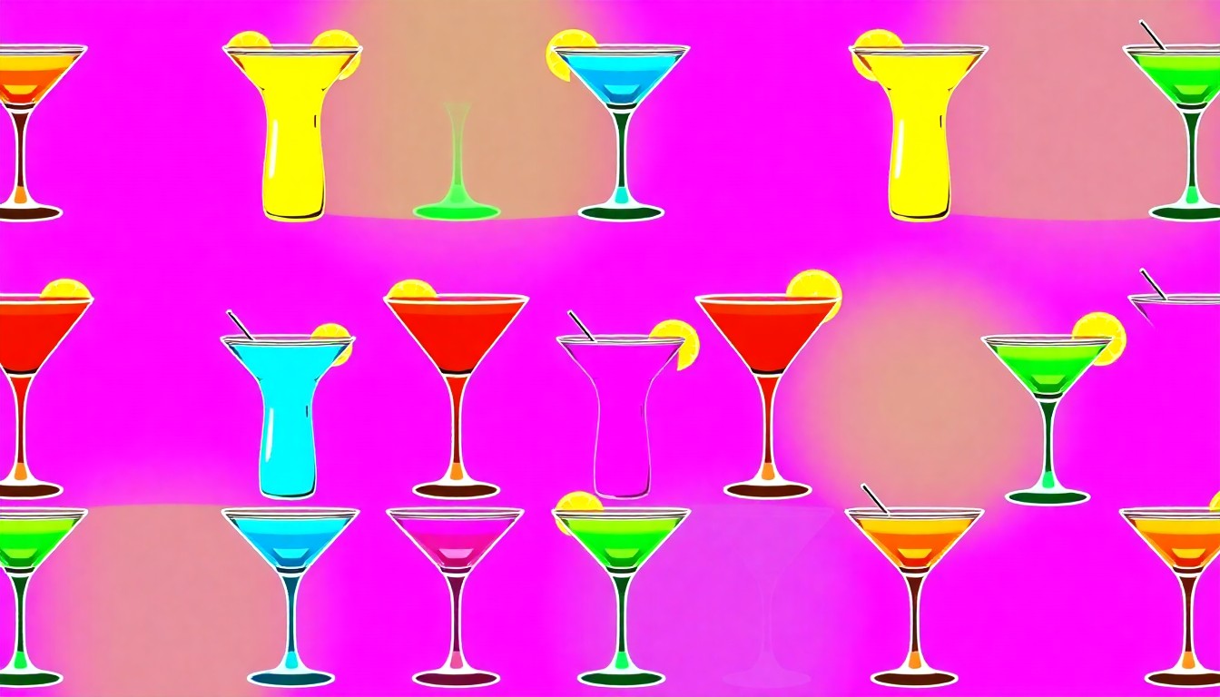 A bold, colorful silkscreen-style illustration featuring a repeated pattern of a cocktail glass in vibrant neon hues, conceptually representing the overserving of alcohol on cruise ships and the resulting safety concerns.
