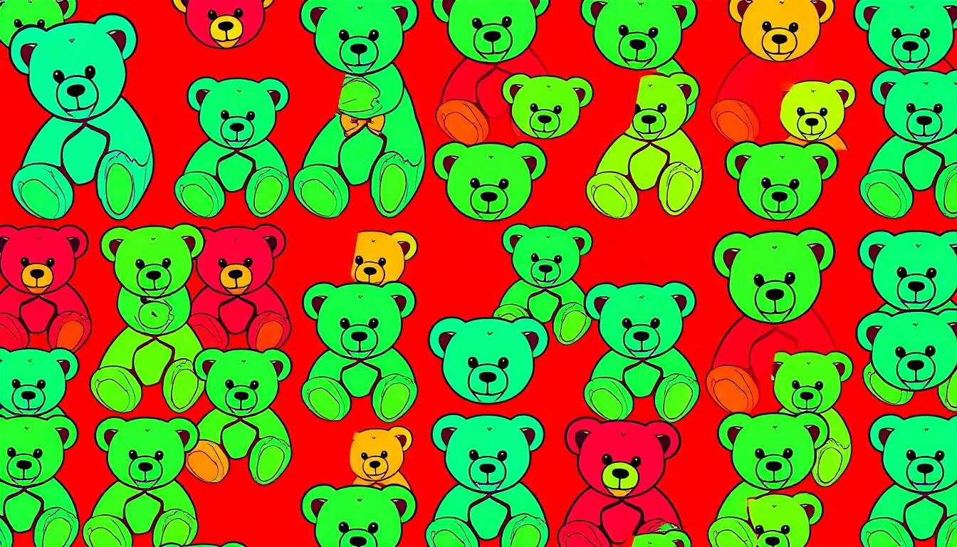 A vibrant, high-contrast silkscreen print featuring a repeated image of a colorful Build-a-Bear stuffed animal, capturing the joy and energy of the Optimist Club's community event.