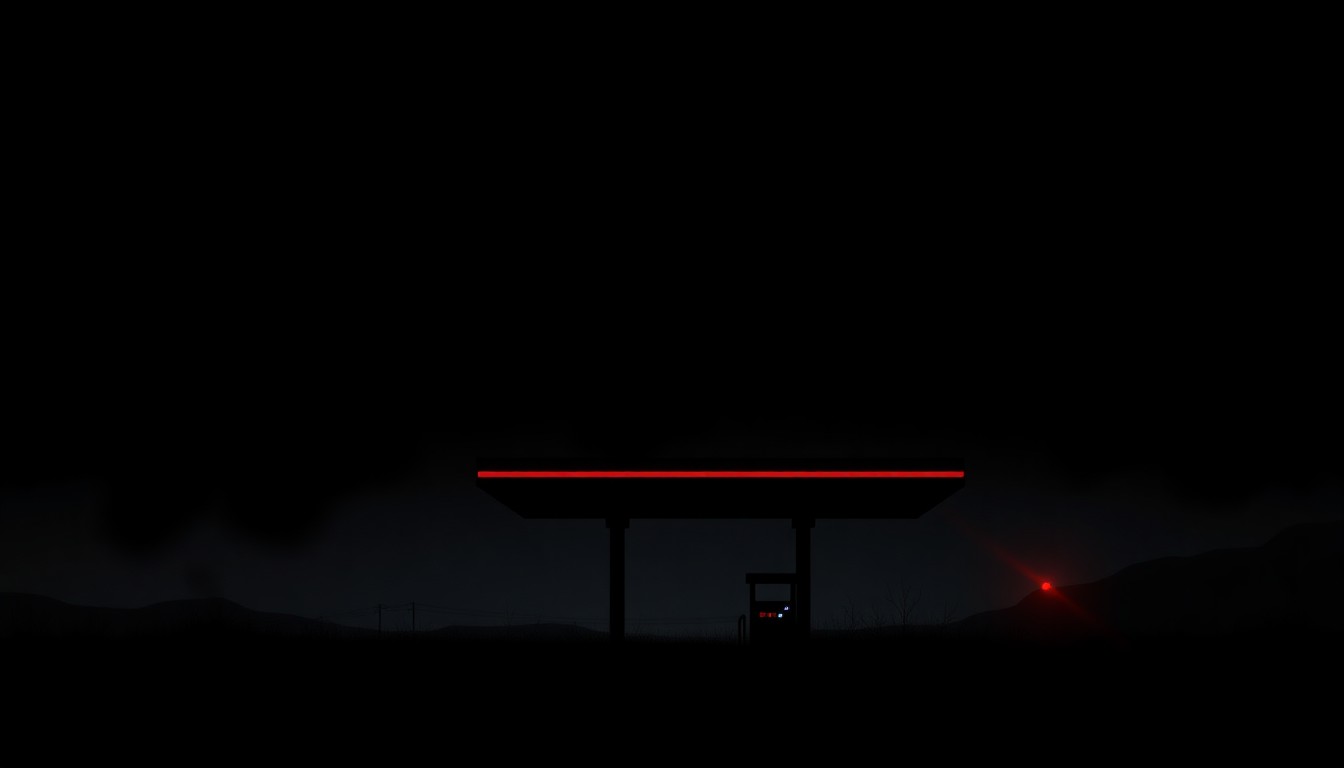 A dramatic black silhouette of an old gas station with a single red light glowing, conveying the ominous and dangerous nature of the situation unfolding within.