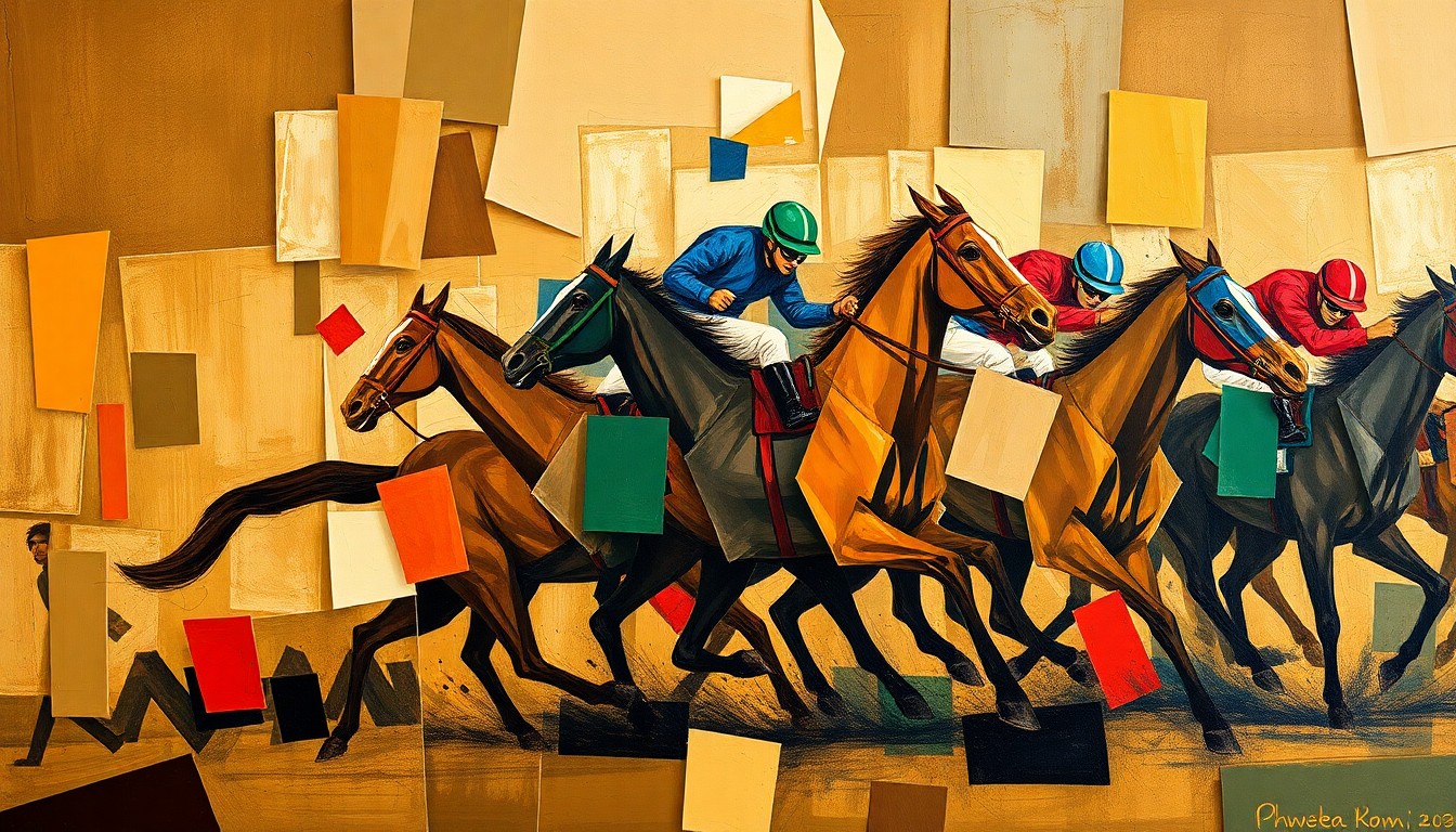 A cubist, geometric painting depicting a horse race, with the horses and jockeys broken down into overlapping planes of color and shape, conveying a sense of motion and fragmentation.