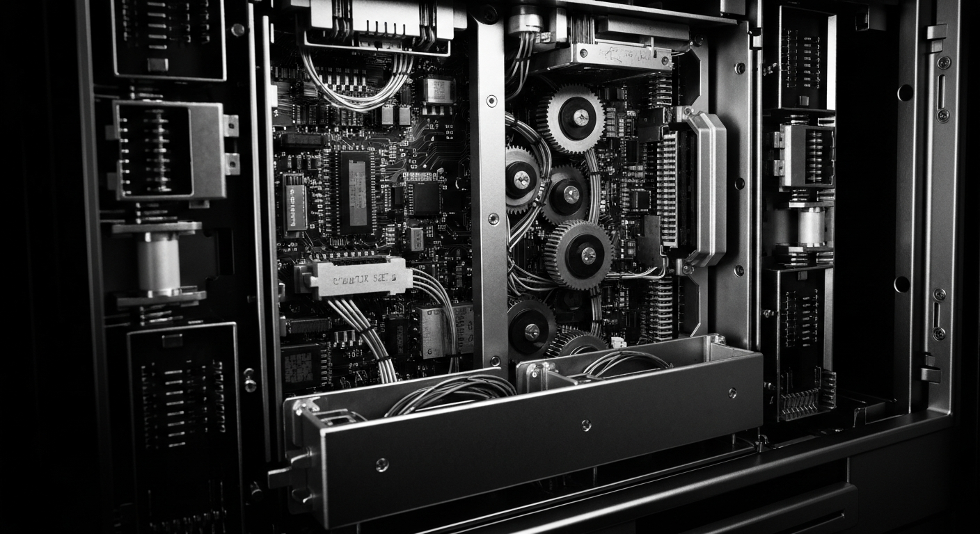 An extreme close-up of the intricate inner workings of a high-tech banking computer server, rendered in dramatic black and white tones that evoke the industrial photography style of Margaret Bourke-White, conceptually representing the unseen technological foundations of a major financial institution.