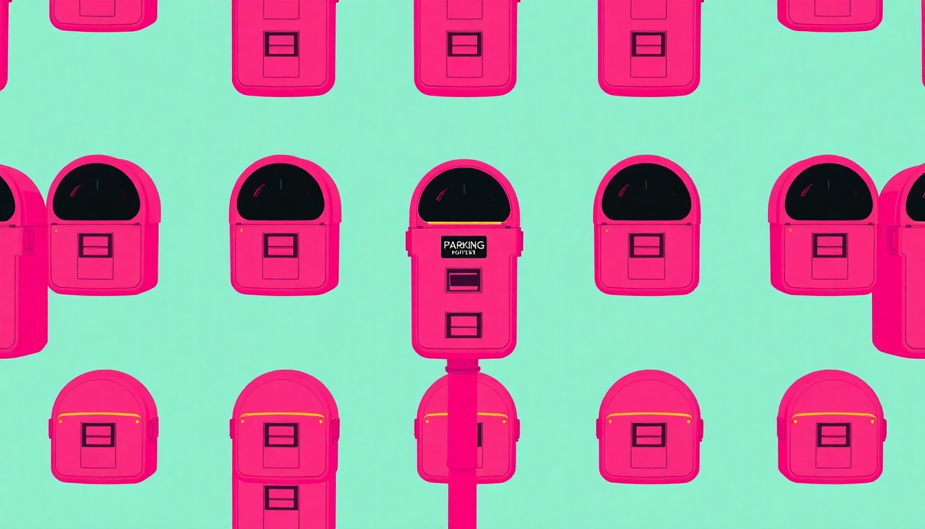 A brightly colored, high-contrast silkscreen print of a single, iconic parking meter repeated in a tight grid pattern, capturing the urban struggle over parking and access in a visually striking way.