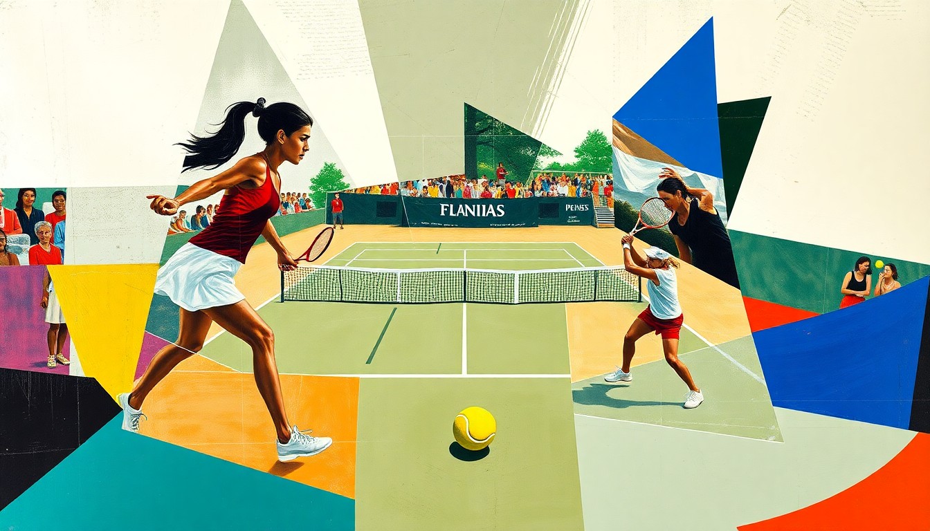A cubist, geometric painting depicting a fragmented women's tennis match, with the court, players, and ball broken down into sharp, overlapping shapes and planes of color.