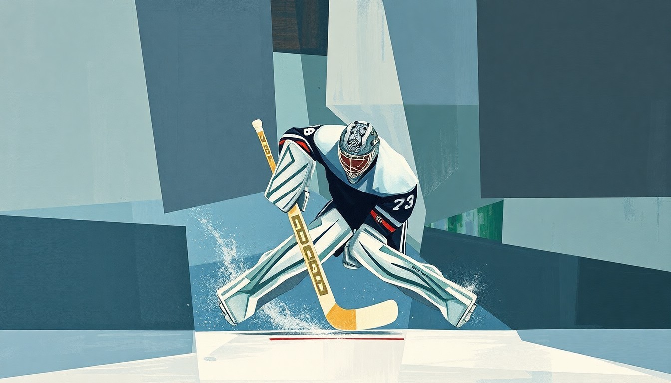 A cubist, geometric painting depicting a hockey goaltender making a save, with the player's form broken down into overlapping planes of muted blue, grey, and green hues.