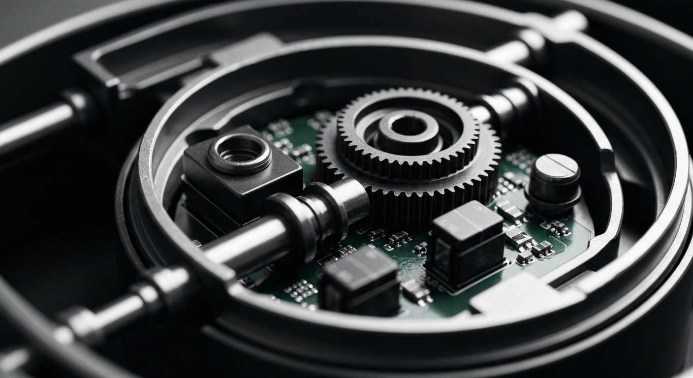 A close-up macro photograph of the internal mechanical components of a medical device, such as gears, sensors, or electronic circuits, in a dark, industrial style. The image conveys a sense of the complex engineering and technology behind TELA Bio's regenerative medicine products.
