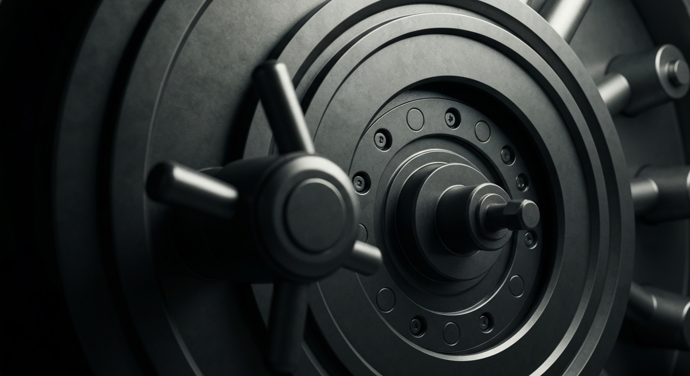 An extreme close-up of the gears, levers, and heavy metal components of a bank vault, conveying the industrial might and physical security that underpins the financial system.