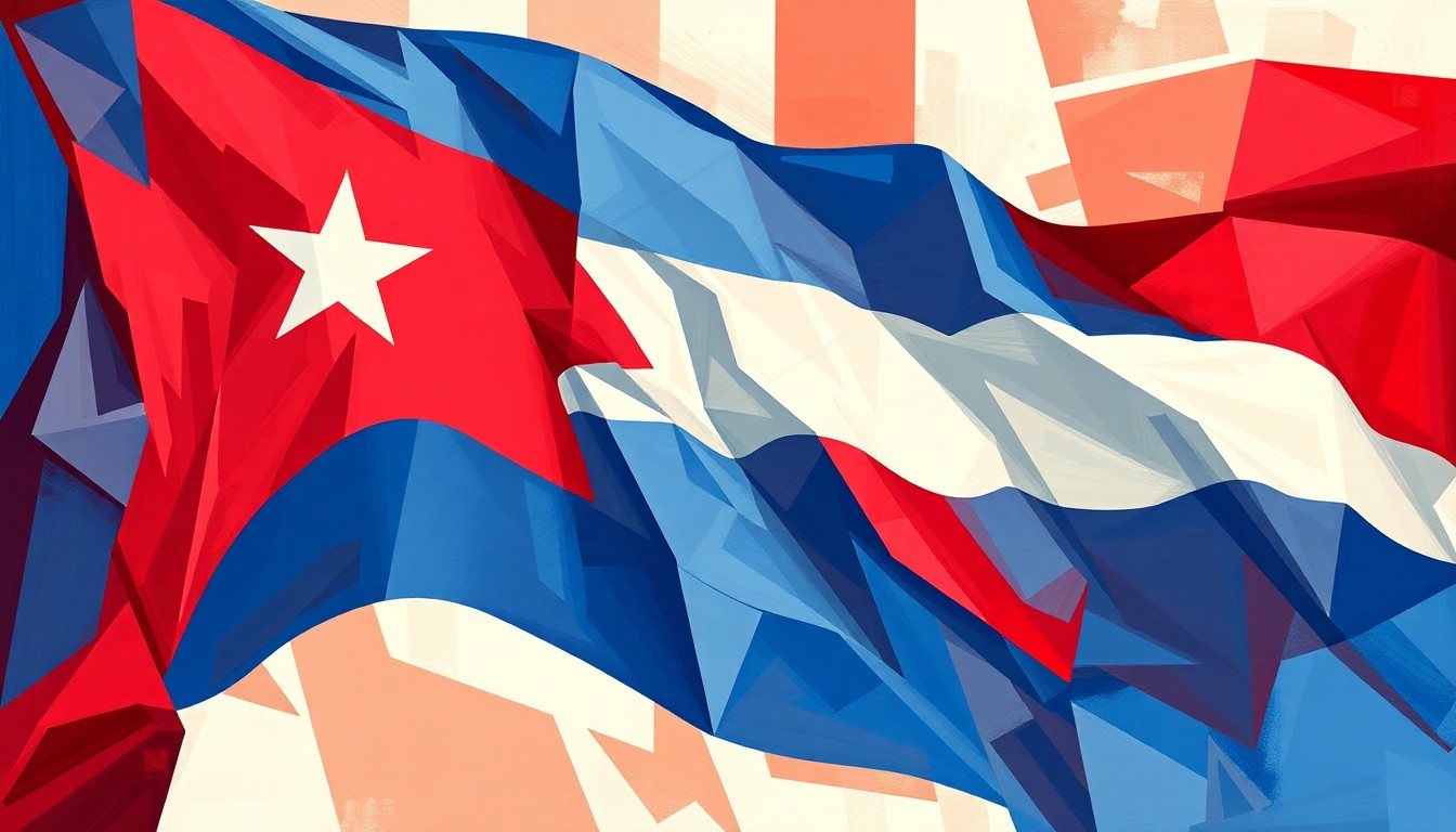 A dynamic, abstract painting of a Cuban flag in motion, with overlapping geometric shapes and waves of red, white, and blue, conveying a sense of political turmoil and unrest.