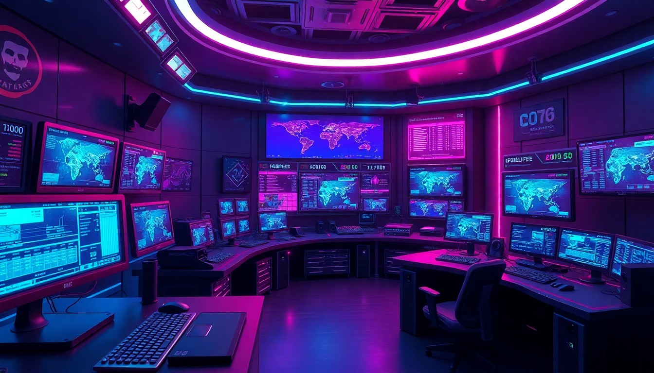 A highly detailed, glowing 3D illustration of a futuristic sports production control room, with neon cyan and magenta lights illuminating the various hardware components and data displays, conceptually representing the advanced, data-driven technology powering live sports broadcasts.