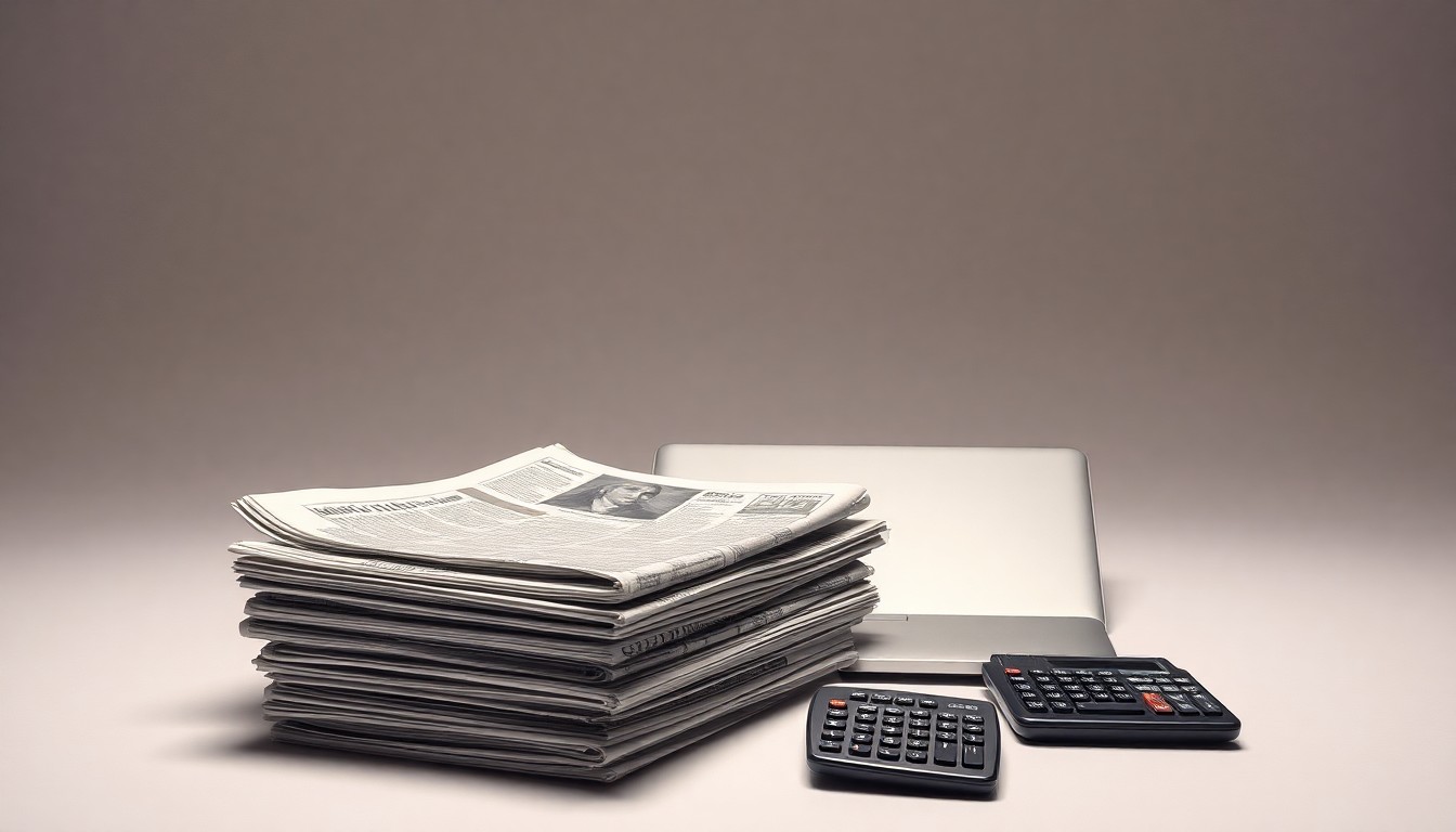 A minimalist, photorealistic studio still life featuring a stack of newspapers, a laptop, and a calculator arranged on a clean, monochromatic background, symbolizing the intersection of journalism, technology, and financial markets.
