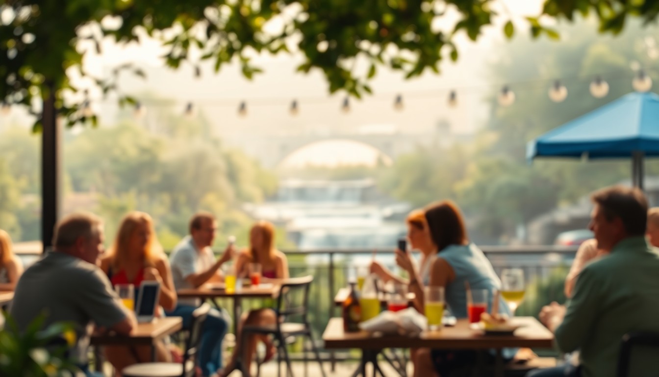 An extremely abstracted, out-of-focus photograph depicting a lively outdoor dining scene at Minnehaha Falls, with blurred figures enjoying food and drinks against a backdrop of greenery and flowing water.