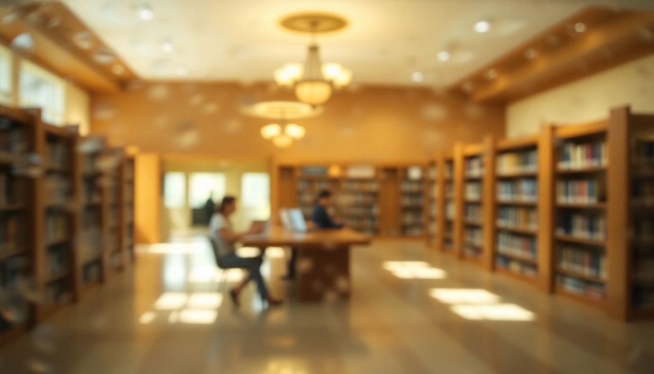 An abstract, impressionistic scene of a public library interior, with blurred shapes and colors suggesting bookshelves, reading nooks, and people gathering, conveying a sense of community and connection.