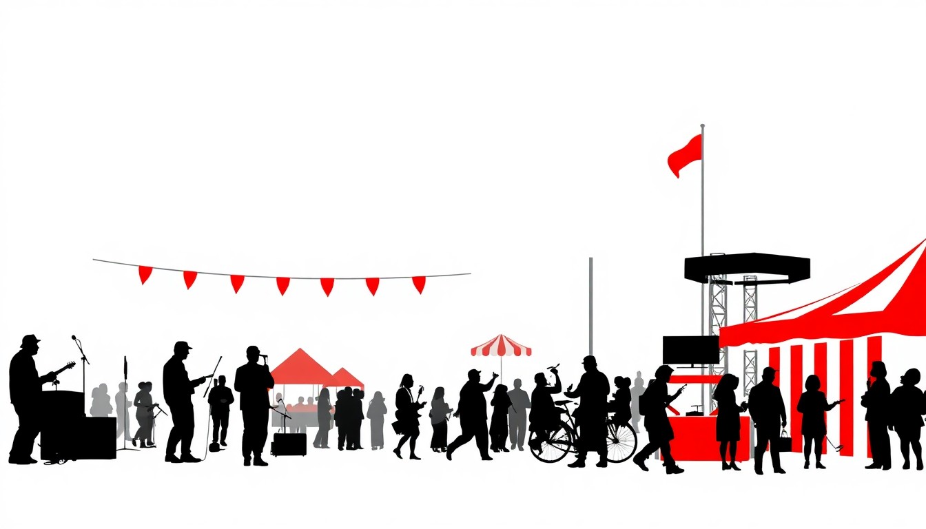 A vibrant, abstract illustration featuring bold black silhouettes of people and carnival rides against a backdrop of bright red and white shapes, capturing the energy and excitement of a county fair.