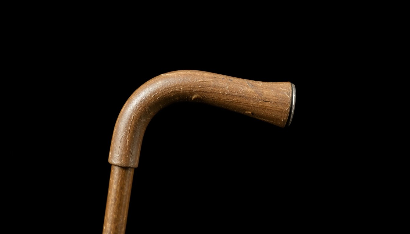 An extreme close-up photograph of a worn, weathered walking cane against a pitch-black background, conceptually representing the search for a missing elderly person.
