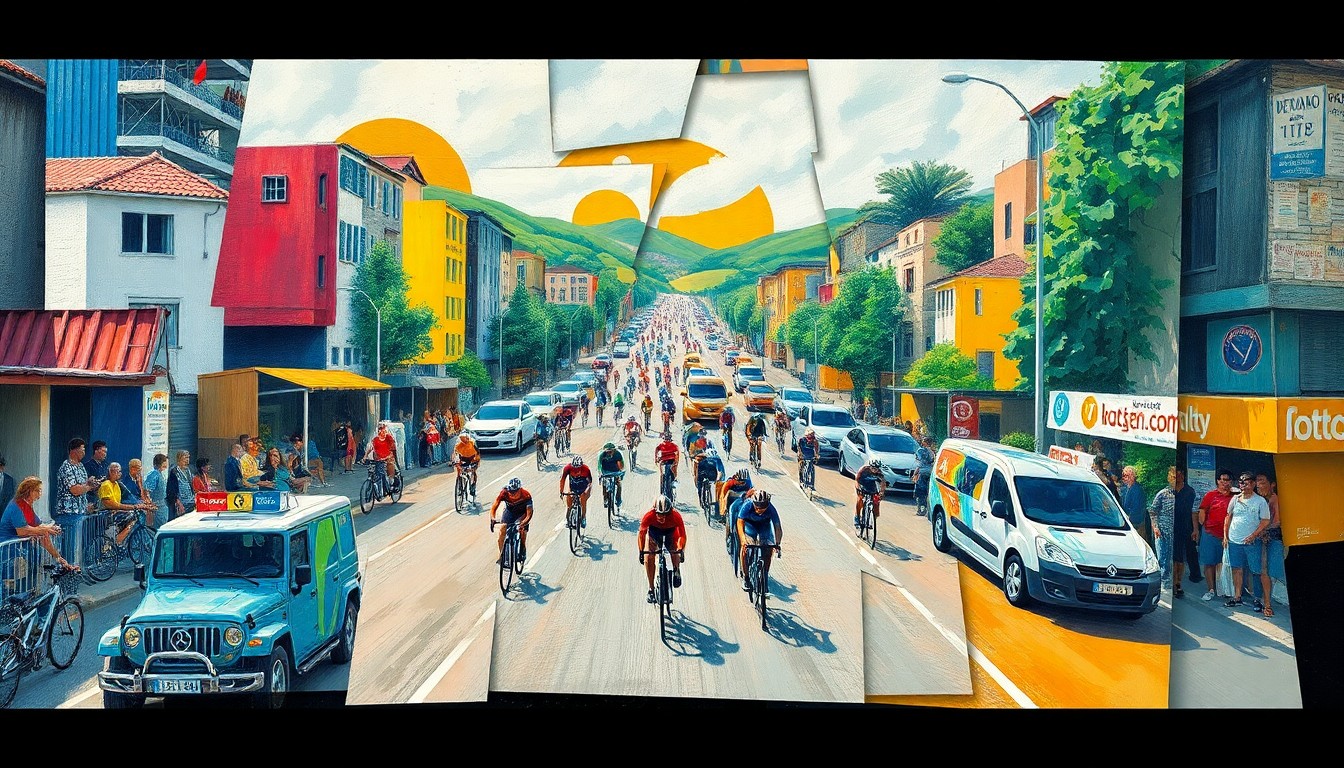 A cubist-style painting depicting a chaotic scene of a triathlon race, with fragmented geometric shapes representing athletes, vehicles, and the surrounding environment, conveying the devastating impact of the accident.