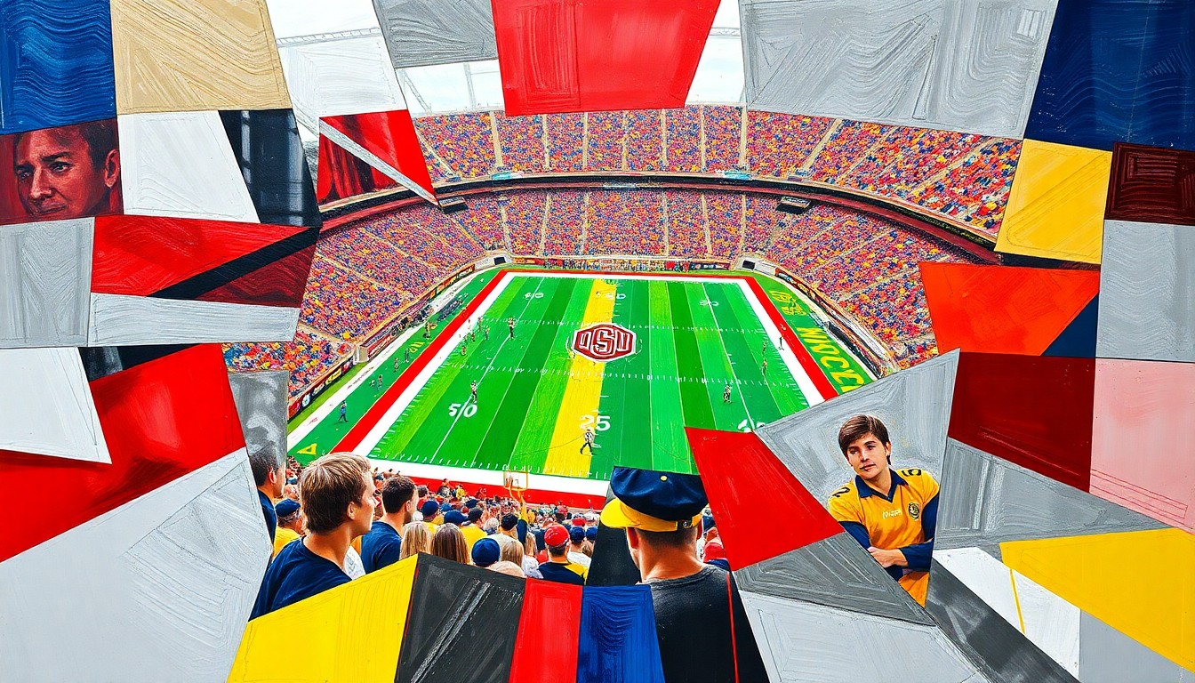 A fractured, geometric painting in the style of Pablo Picasso, with overlapping planes of scarlet, gray, maize, and blue representing the intense rivalry between Ohio State and Michigan on the football field.