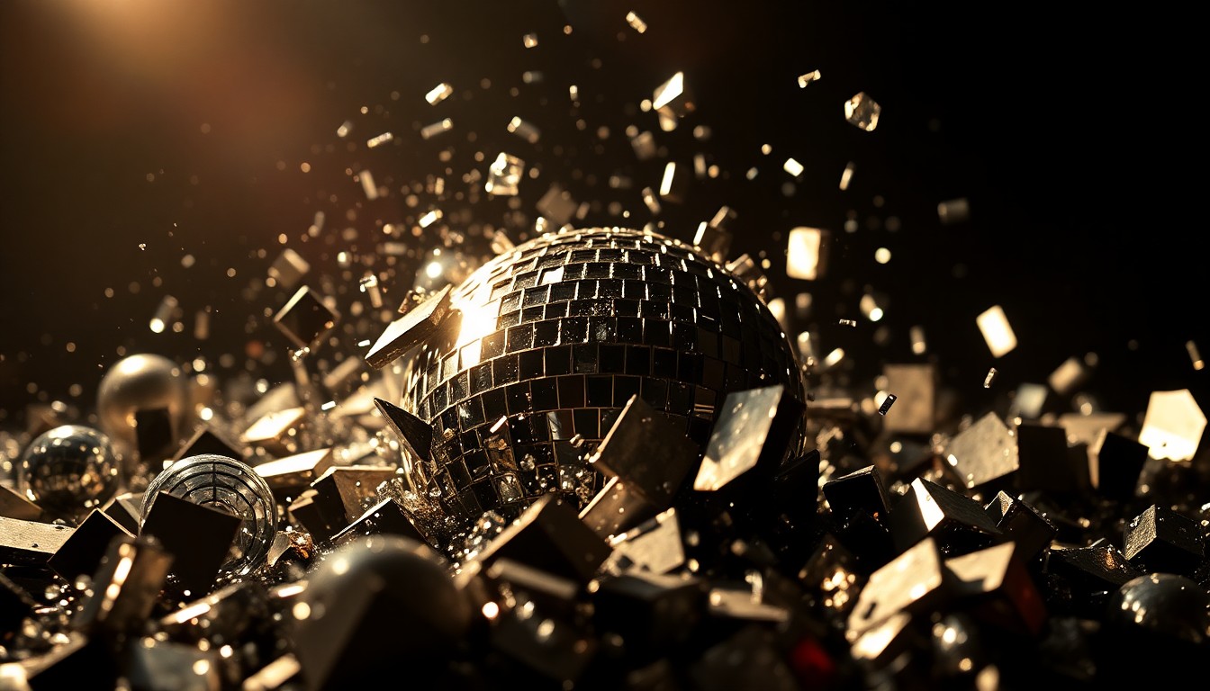 An extreme close-up photograph of shattered glass fragments from a disco ball, reflecting dramatic studio lighting to create a high-contrast, glamorous texture that conceptually represents the evolving, multifaceted nature of hip-hop music.