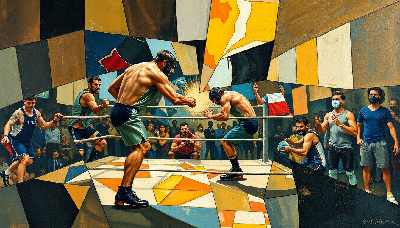 A cubist, geometric painting depicting a wrestling match or competition, with sharp, overlapping planes of color and shape representing the dynamic action and energy of the sport.