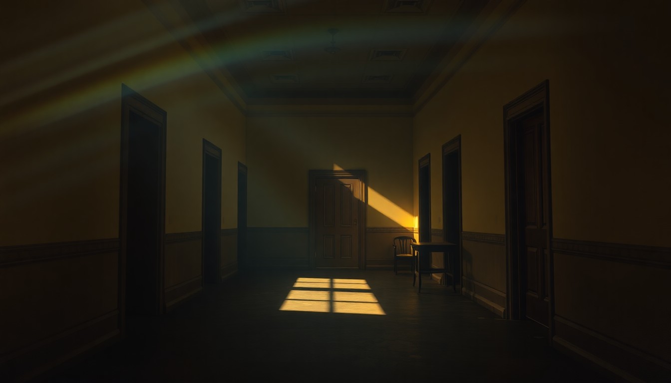A dimly lit, cinematic painting of an empty government office or hallway, bathed in warm, diagonal sunlight and deep shadows, conveying a sense of political isolation and decay.