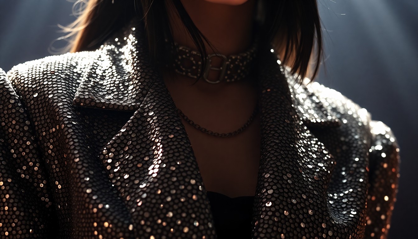 An extreme close-up photograph of Billie Eilish's shimmering, sequined tour outfit, capturing the luxurious textures and dramatic lighting in a high-fashion, glamorous aesthetic.