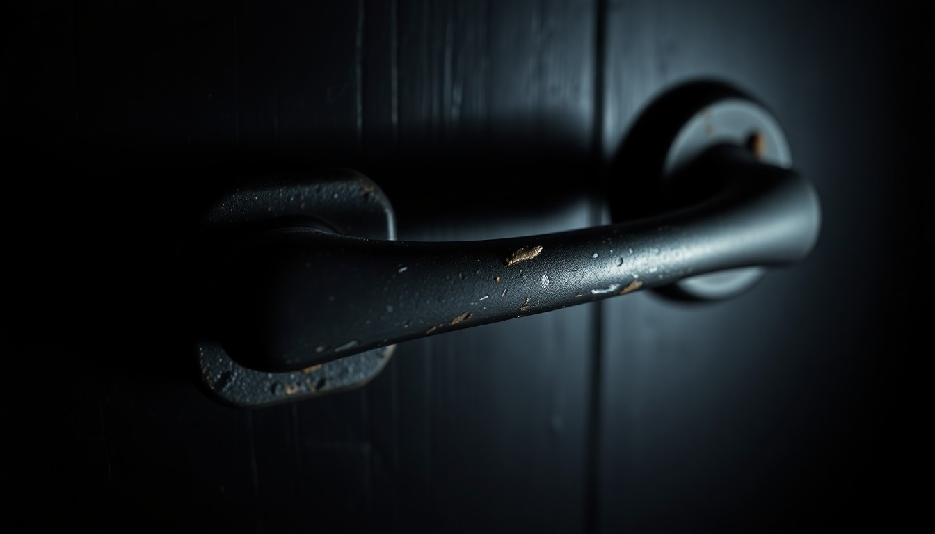 An extreme close-up photograph of a worn, weathered door handle against a pitch-black background, conceptually representing the urgency and intensity of a missing persons investigation.