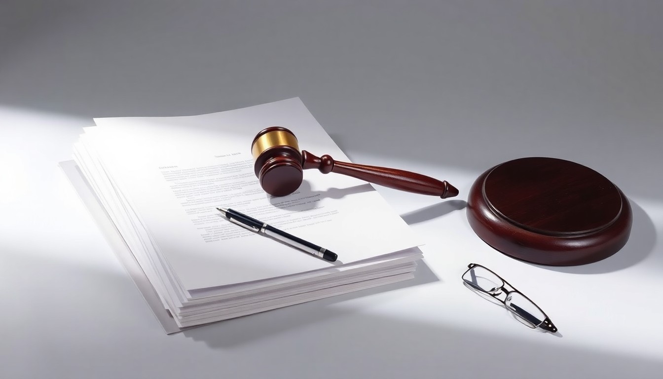 A high-end, photorealistic studio still-life photograph featuring a stack of legal documents, a gavel, and a pair of glasses arranged elegantly on a clean, monochromatic background, symbolizing the legal expertise and attention to detail that KND Law Firm brings to its personal injury cases.