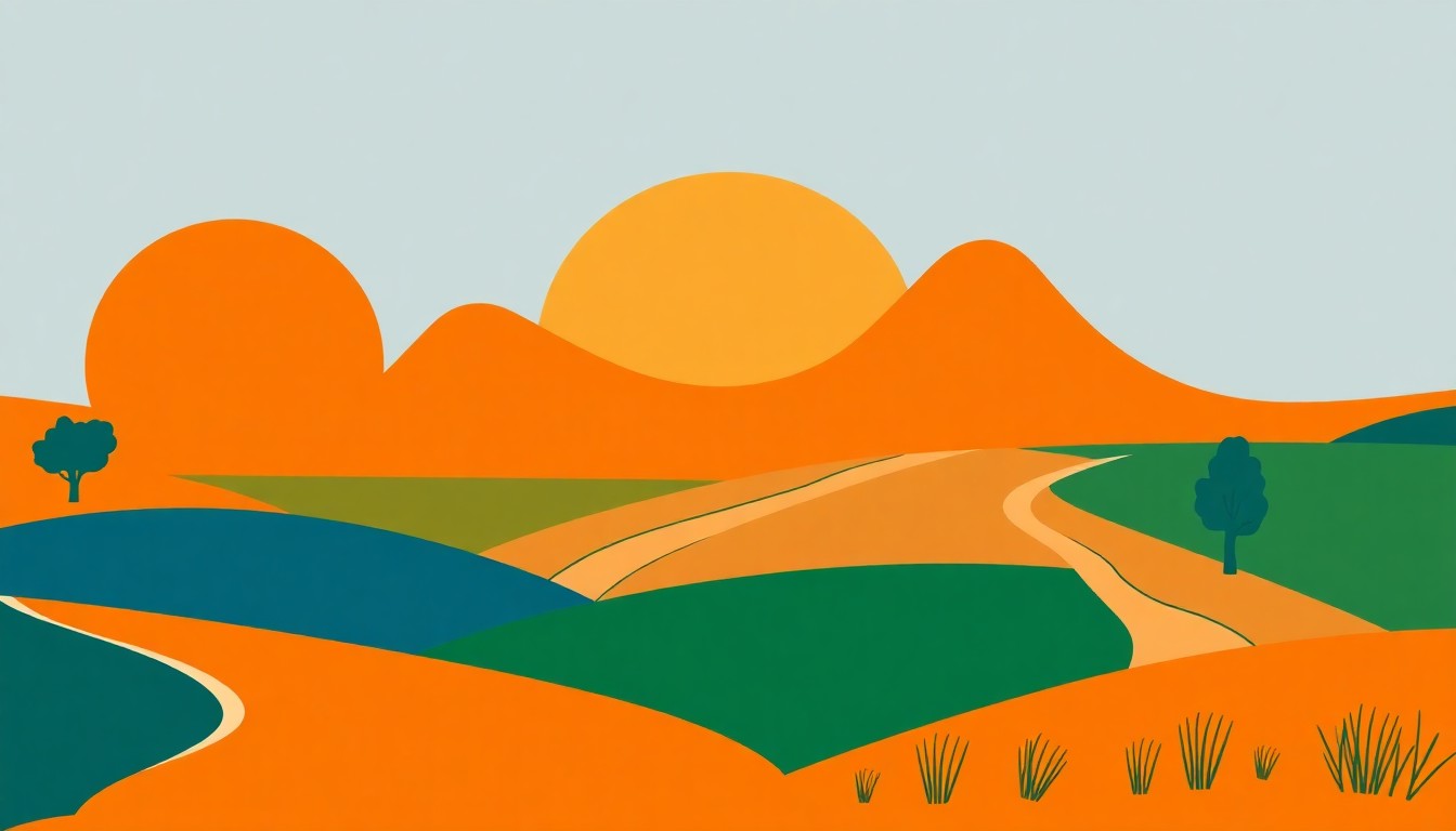 A minimalist abstract illustration featuring overlapping geometric shapes in earthy tones of brown, green, and blue, conveying the concept of rising rural land values in Texas without any text or literal imagery.
