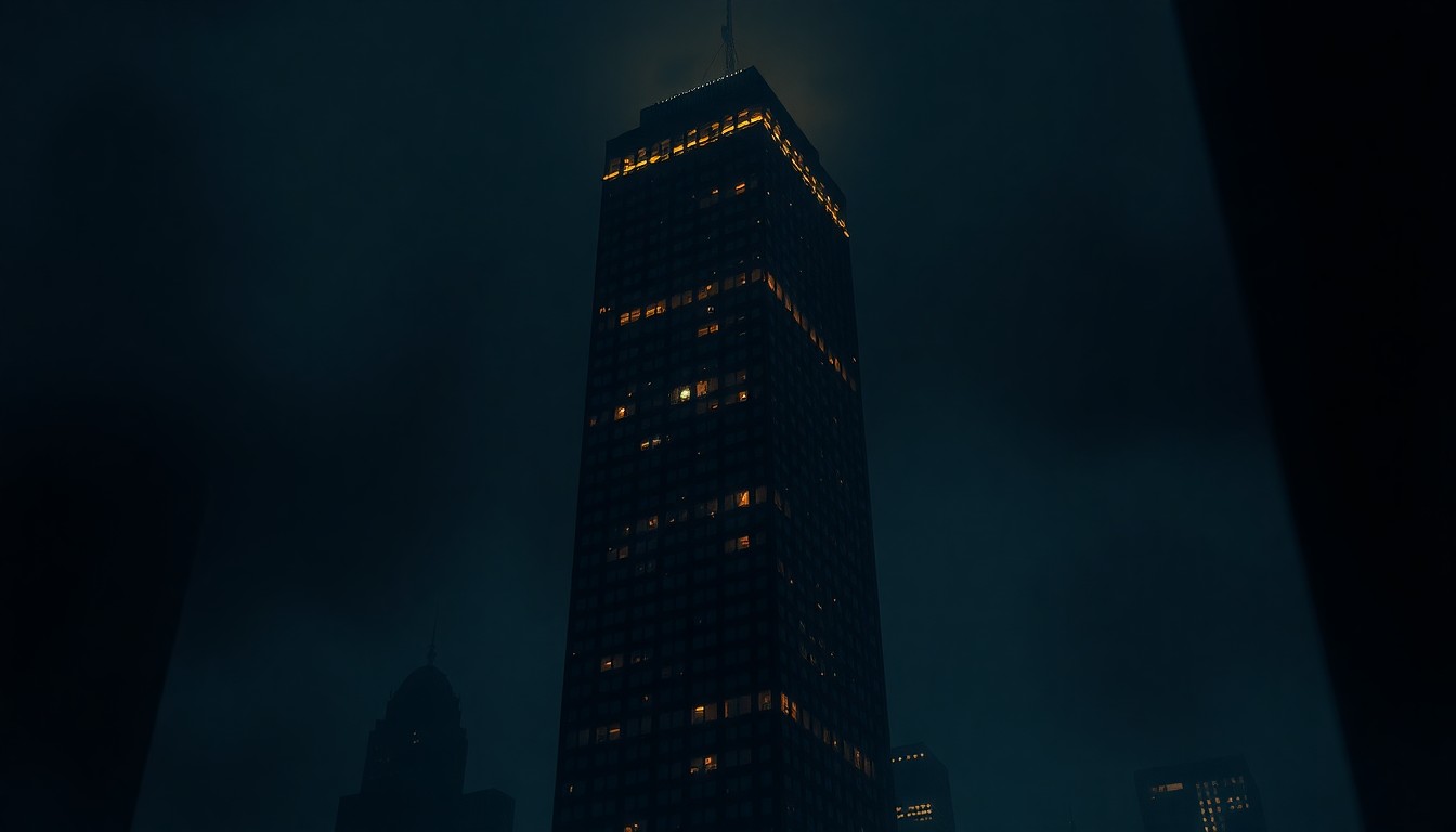 A cinematic painting of a solitary New York City skyscraper at night, with warm, diagonal shadows cast across the facade, evoking a sense of isolation and foreboding around the wealth and power of the global elite.