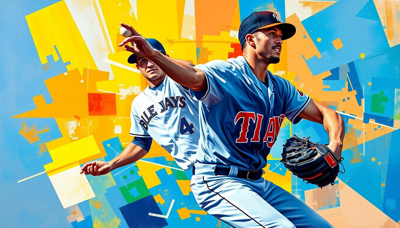 A fragmented, geometric painting depicting a baseball player's motion broken down into sharp, overlapping shapes and planes in the colors of the Toronto Blue Jays and Detroit Tigers uniforms.