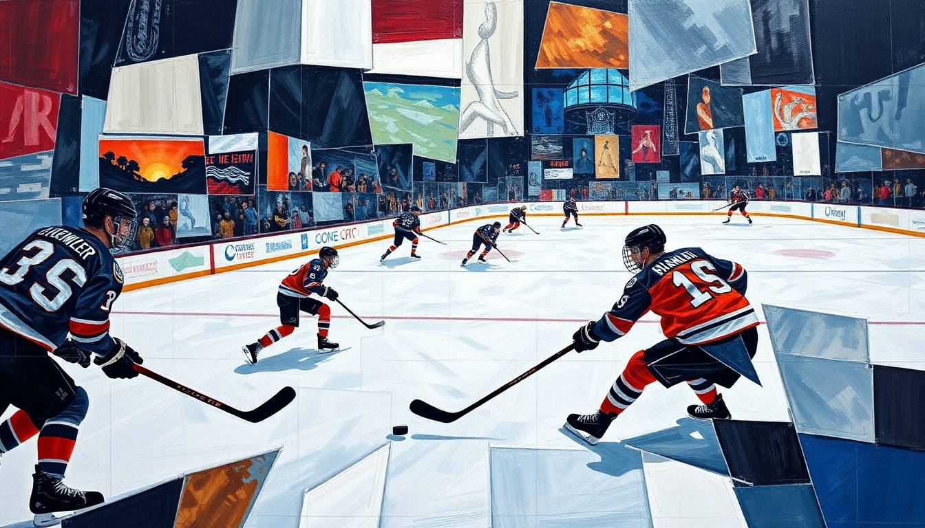 A fractured, multi-perspective painting featuring sharp, overlapping geometric planes of ice, hockey sticks, and players' bodies in motion, conceptually representing the strategic elements of a high-intensity playoff hockey game.