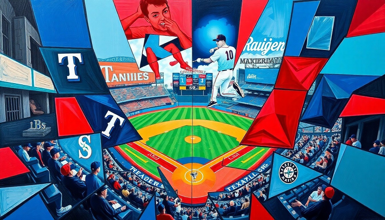 A fragmented, geometric painting depicting a baseball game between the Texas Rangers and Seattle Mariners, with sharp planes of color and overlapping perspectives conveying the intensity of the competition.