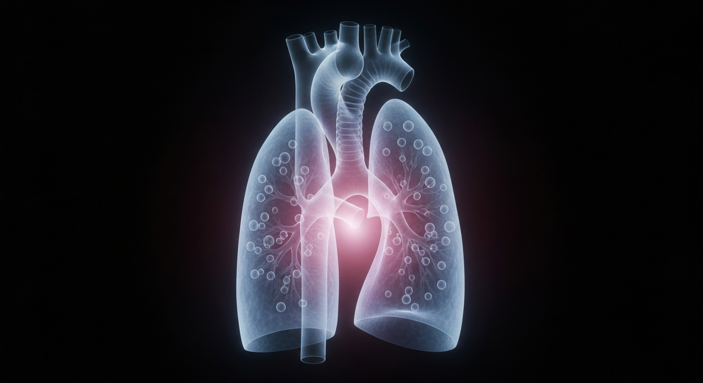 A highly detailed, ghostly X-ray image revealing the intricate structures of the human heart and lungs, conveying the complex medical expertise required for a senior CDC leadership role.