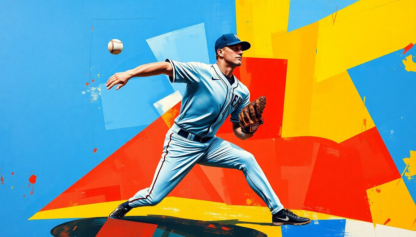 A cubist-style painting depicting a baseball pitcher in the midst of a pitch, with the figure broken down into sharp, overlapping geometric shapes in vibrant shades of blue, red, and yellow, capturing the dynamic motion of the sport.