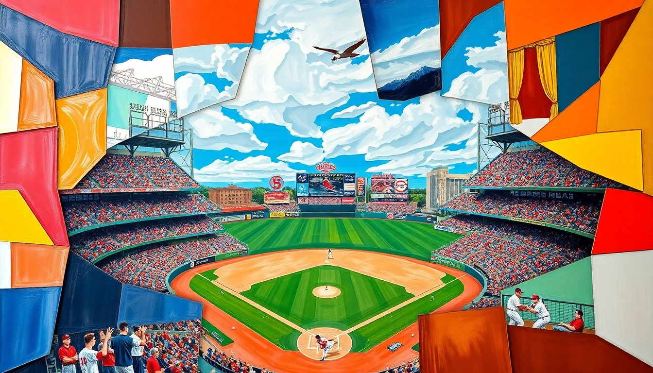 A fractured, geometric painting depicting a baseball game between two teams, with sharp planes of color and overlapping shapes representing the action on the field.