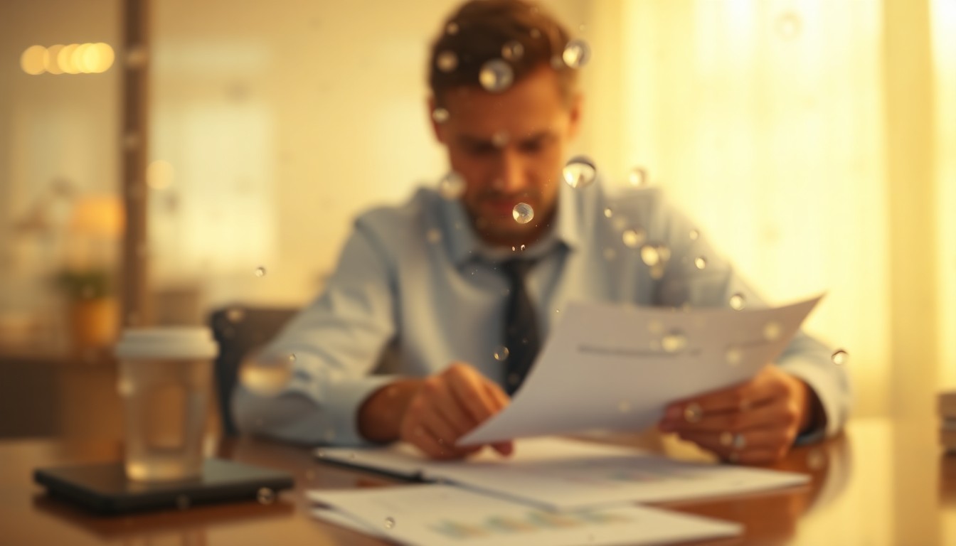 An abstract, blurred image of a person reviewing financial documents at a desk, captured in a warm, soft-focused style that evokes the thoughtful and introspective nature of retirement planning.